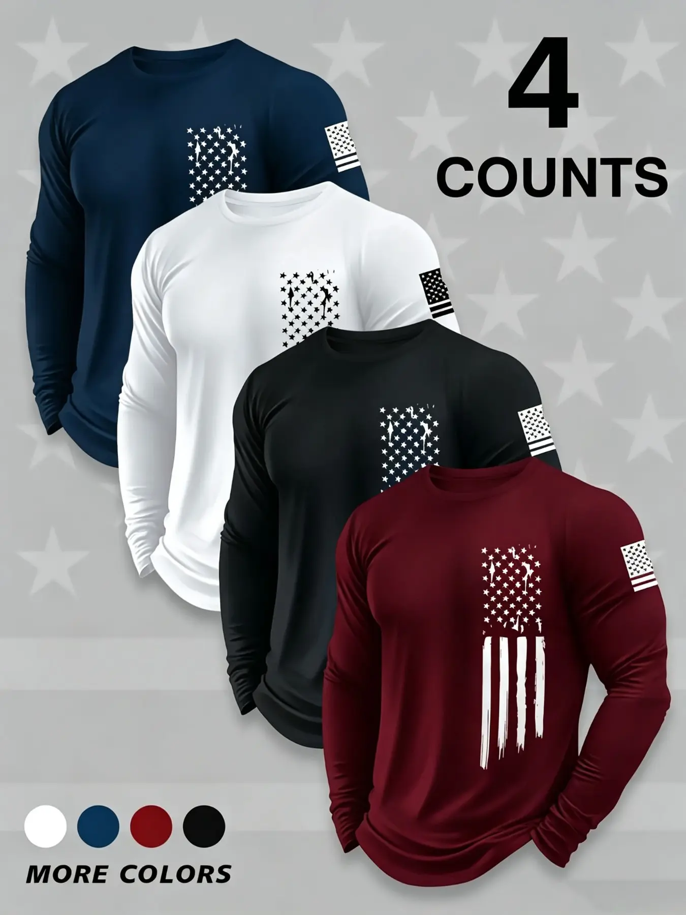 4-Pack American Flag Print Men's Long Sleeve T-Shirts, Soft Breathable Fabric, Loose Fit, Sporty & Casual Style, All Seasons Wear