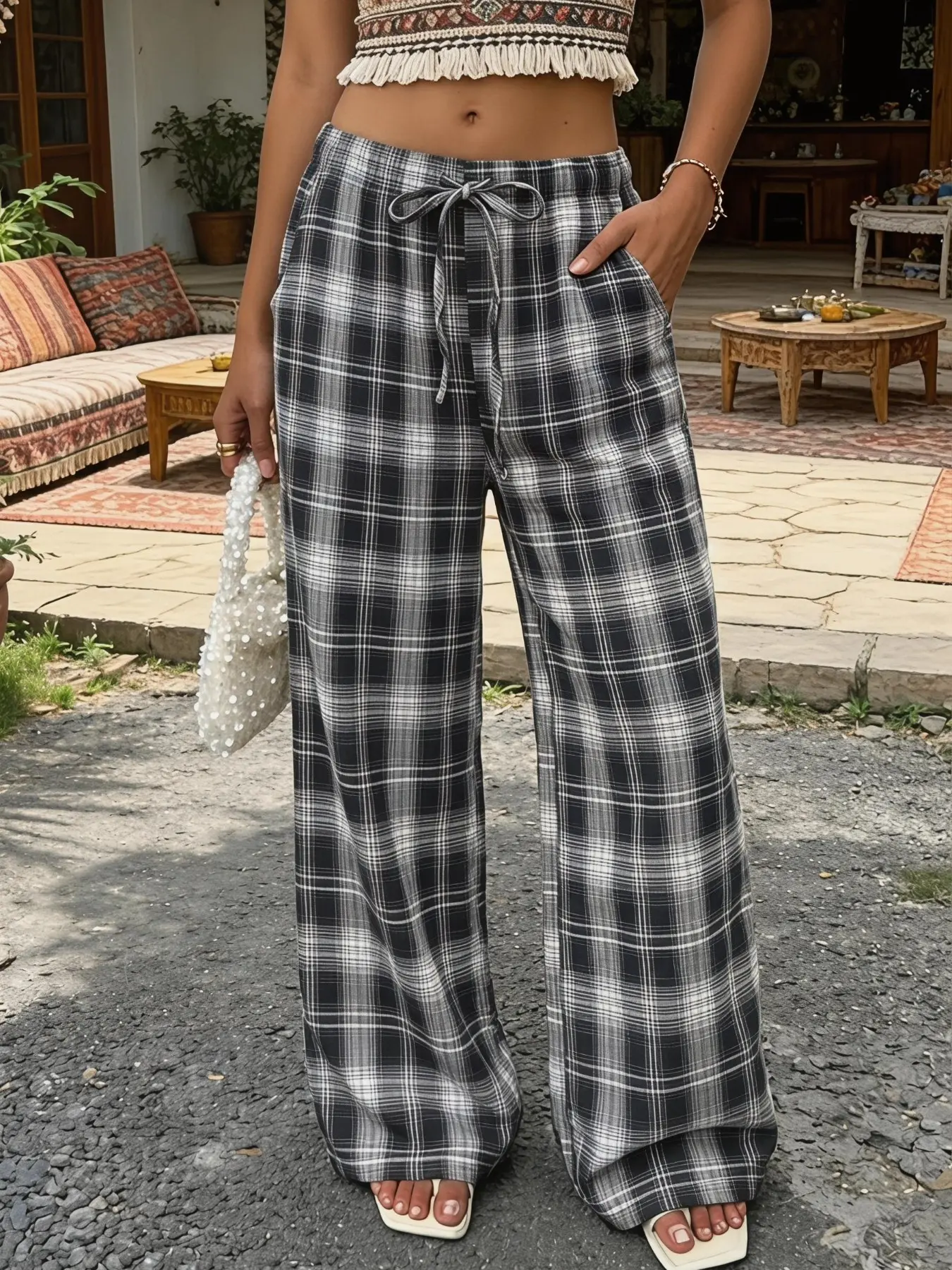 Women's Vacation Style Patterned Casual Pants, Drawstring Elastic Waist, Flowy Wide Leg, Home & Outdoors, Two-In-One Design, Boho Elastic Pants
