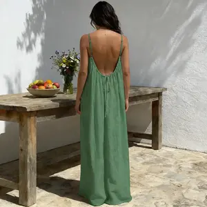 Women’s Backless V-Neck Cami Maxi Dress, Loose Sleeveless Beach Cover Up Dress, Soft Stretch Summer Lounge Outfit