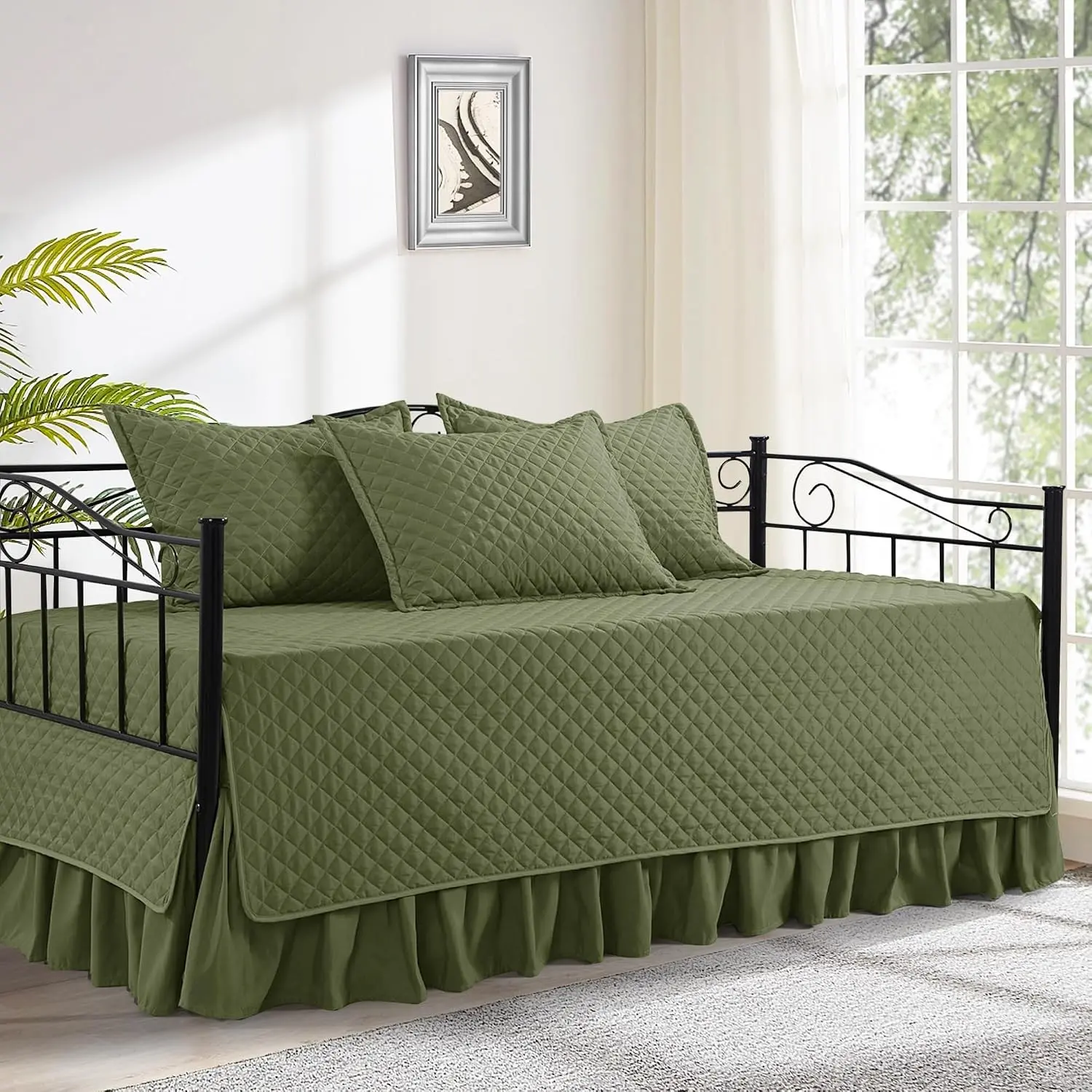 Daybed Cover Sets- Diamond Stitching Daybed Bedding Set, All Season Cozy Bedding with Bedskirt with Shams, Microfiber Filling, 5 Pieces, Olive-Green