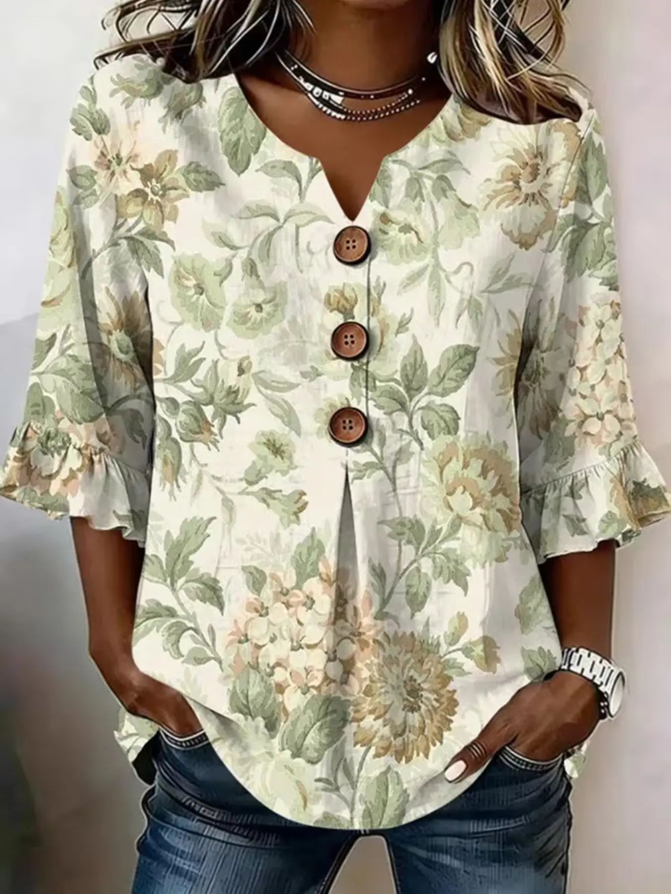 Women Sublimation Printed Tunic Blouse Top, Notch V‑Neck 3/4 Ruffle Flounce Sleeve Button Decor Pleated Shirt, Cream Base Vintage Green Beige Botanical Floral Full‑Print for Daily Casual Outfit, Office Casual, Weekend Brunch and Fresh Country‑side Street‑