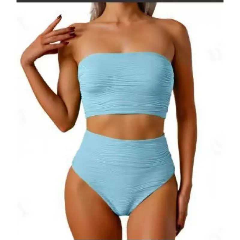 High Waisted Bandeau Bikini Set - Women Strapless Two Piece Swimsuits Ribbed Longline Full Coverage Bathing Suits Swimwear