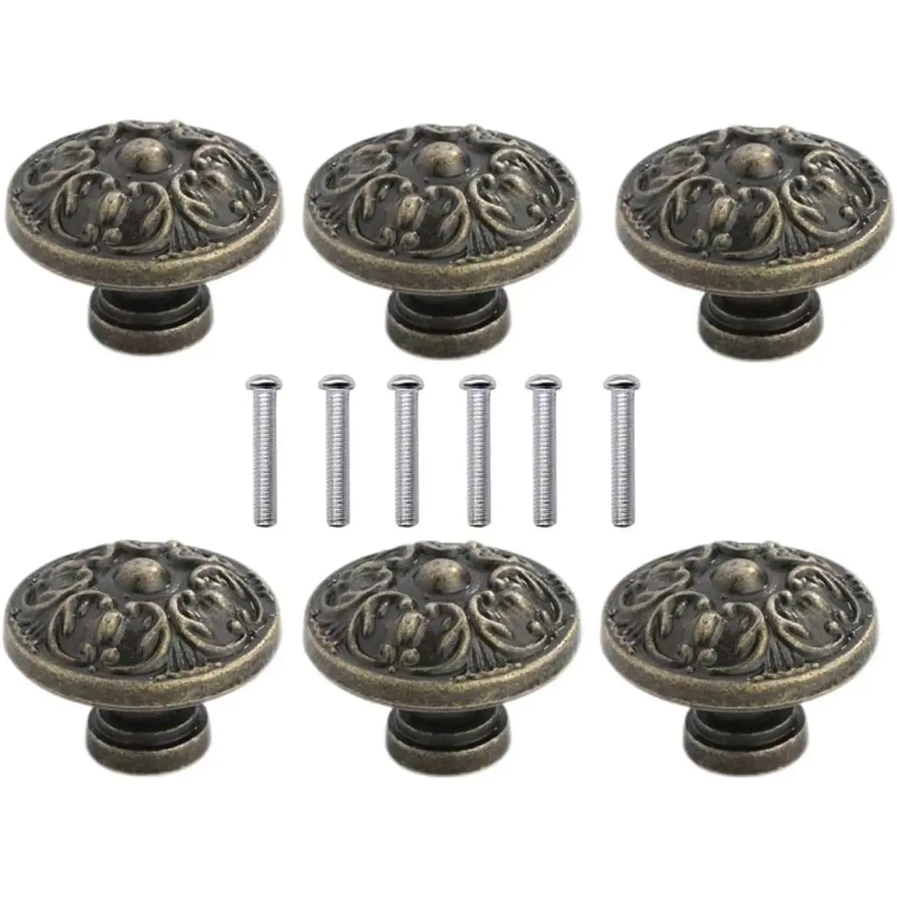 6 PCs Vintage Antique Bronze Knob Handles - Drawer Knob Pulls with Embossing, Diameter 1.1-in (29 mm) Height 0.9-in (22 mm)