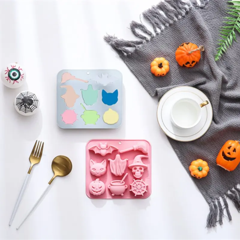 Silicone Halloween Chocolate Mold Set, Includes Skull, Pumpkin, Ghost, Spider, Cat, Broom, Perfect for Desserts, Cakes, Parties