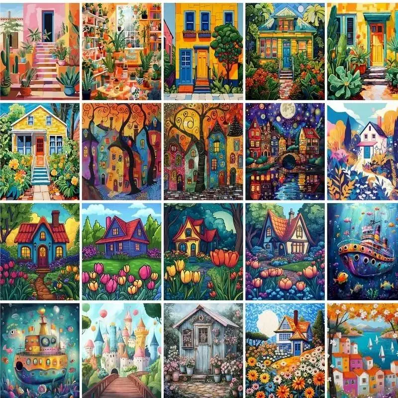 Easy DIY Painting Kit for Beginners - Dreamy Color House & Themed Scenes Canvas Set, Art Crafting Family Project, Birthday Gift for Girls-Teen (Oil Painting Supplies)