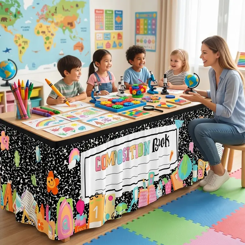Cute Crayon Composition Notebook Classroom Table Skirt - Washable Kids Desk Dust Cover for Kindergarten, Preschool, Elementary School, Teacher Back to School Decor & Personalized Desk Protection