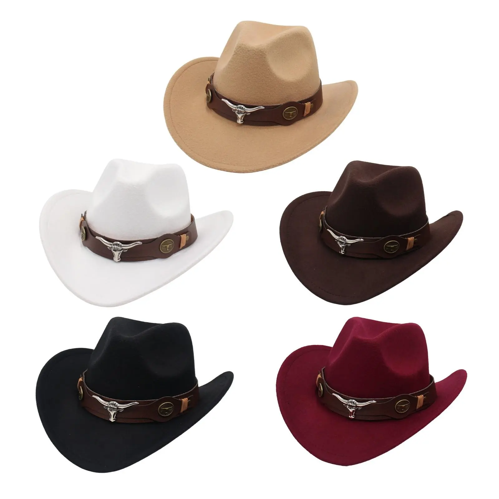 Unisex Western Cowboy Hat, Retro Felt Wide Brim Hat with PU Leather Belt for Outdoor Sun Protection & Riding, Embellished Cowboy Hats