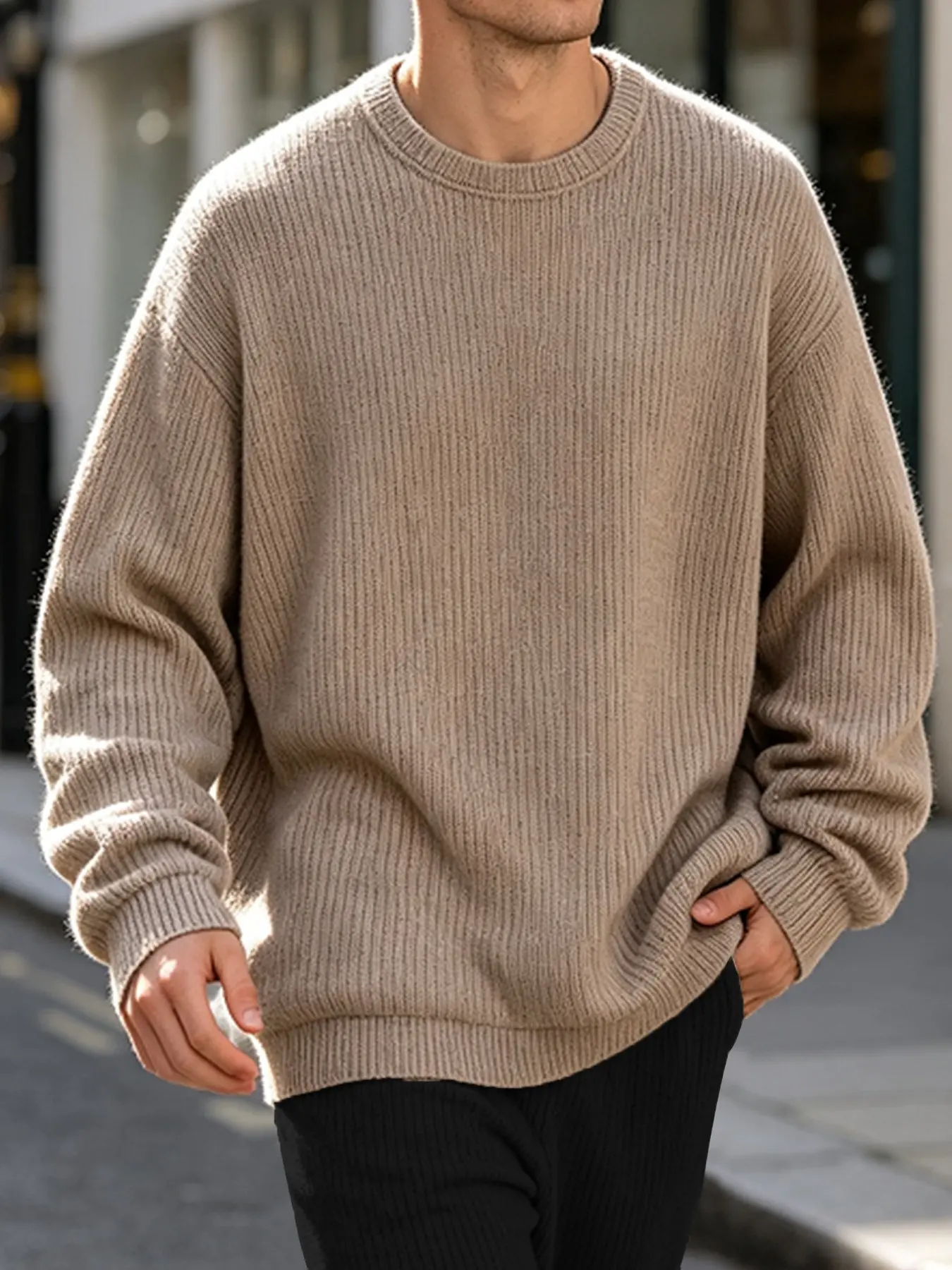 Men's Drop Shoulder Textured Knit Pullover, Soft Comfy Stretchy Crew Neck Sweater, Basic Relaxed Fit Casual Crewneck Top for Fall Winter Daily Wear