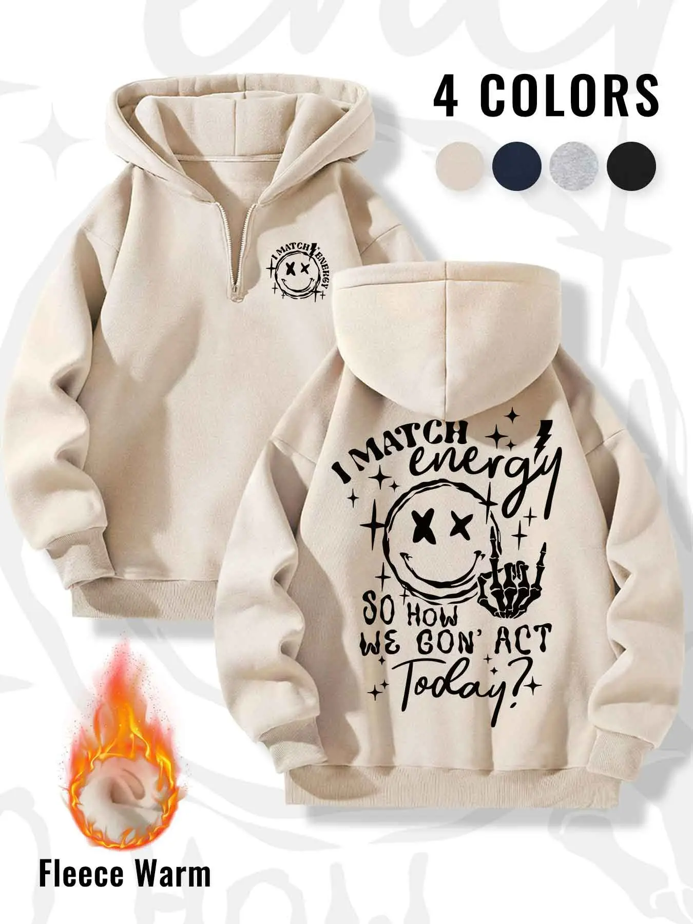 Y2K I Match Energy Slogan Half Zip Hoodie for Women, Oversized Fleece Warm Sweatshirt With Smiley Skeleton Hand Back Print, Streetwear Graphic Hooded Top for Daily Street Outfit #springsaledeals2026 #summeroutfits #tiktokshopmademebuyit #halfziphodie