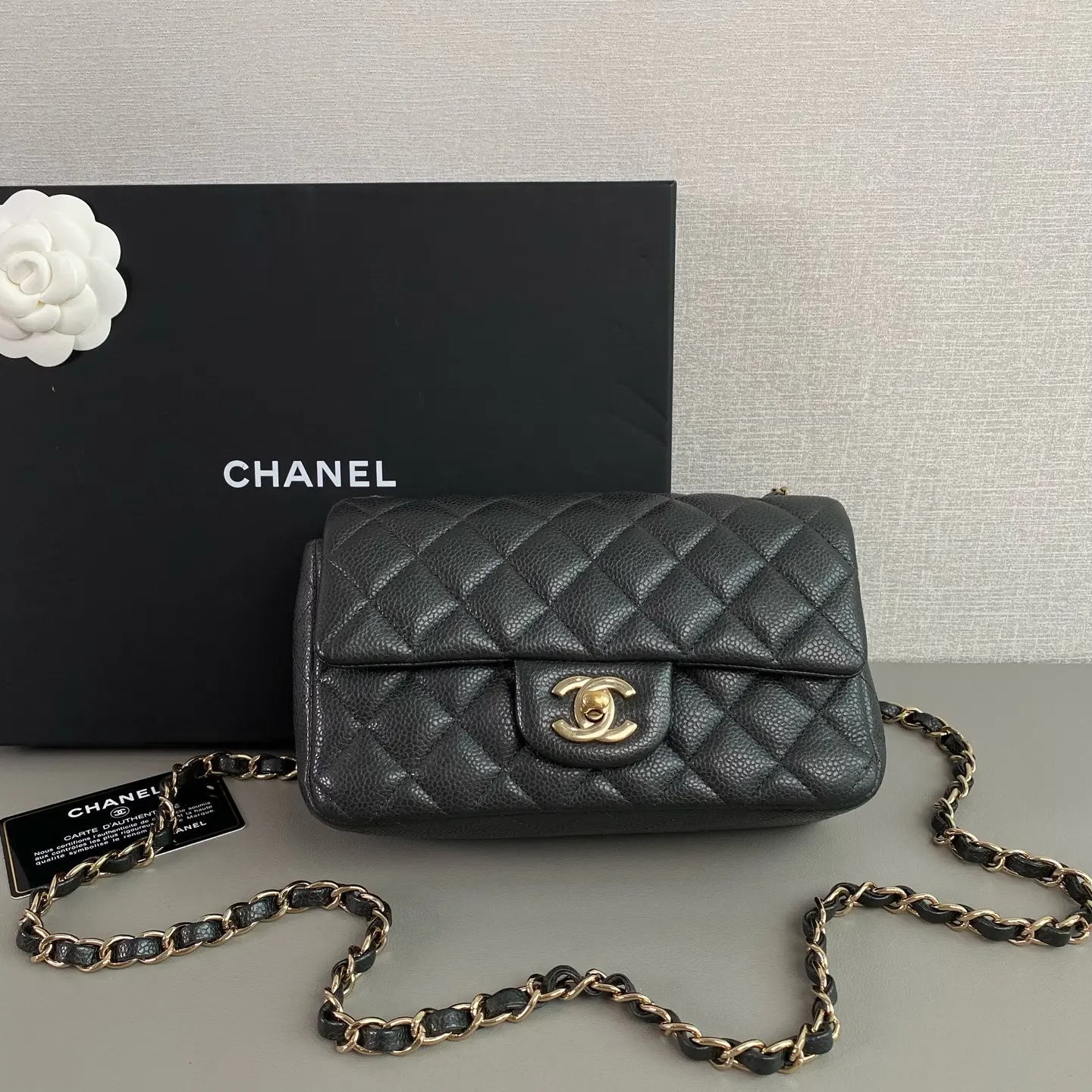 Pre-owned Chanel CF Mini Size Crossbody Bag Gold Hardware, Caviar Leather, Charcoal Gray Luxury Purses Crossbody Bag