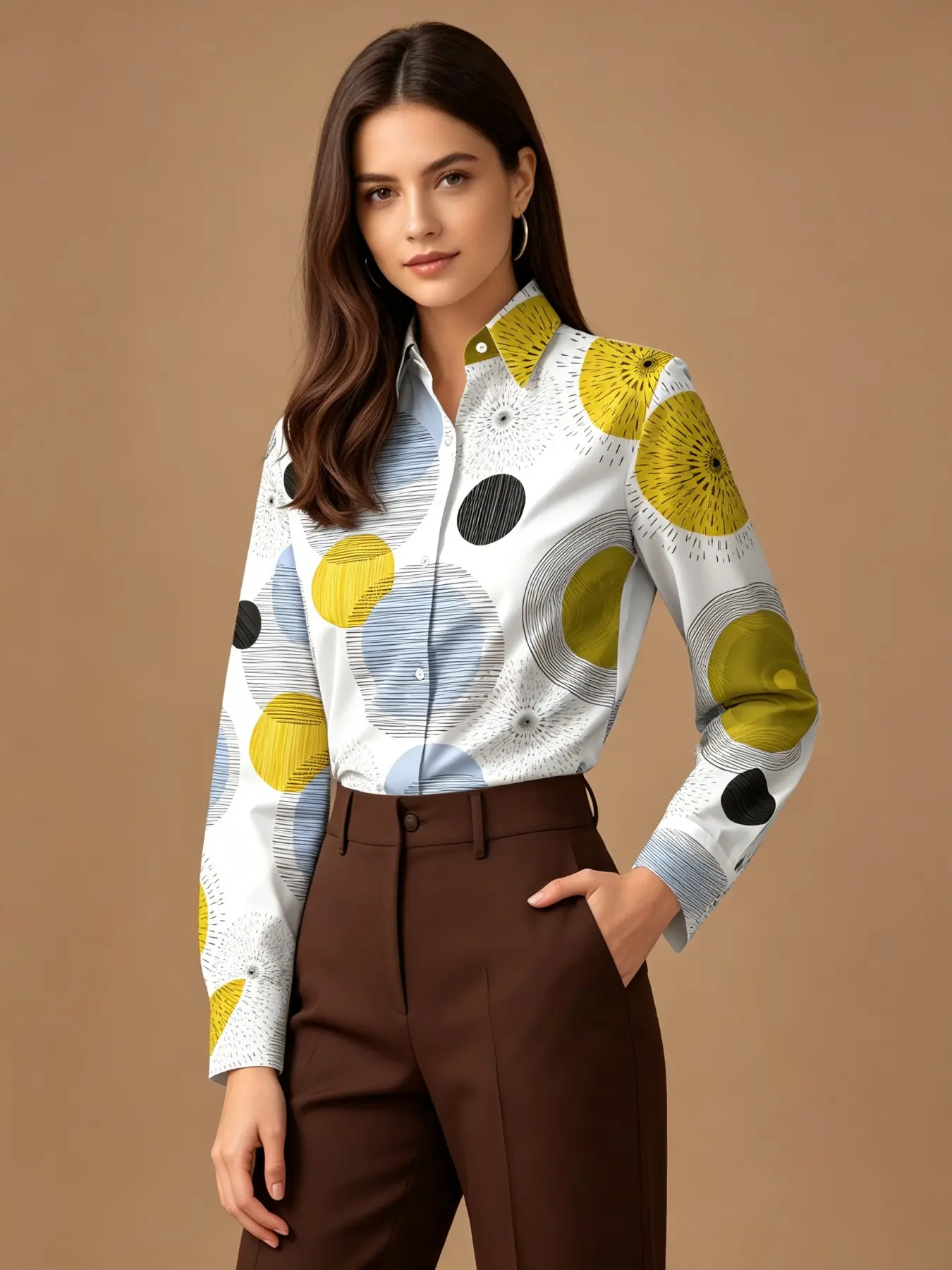 2026 New Women's Nordic Abstract Geometric Round Collar Blouse Shirts, High-End Soft Glossy Satin Daily Commute Versatile Long Sleeve Top