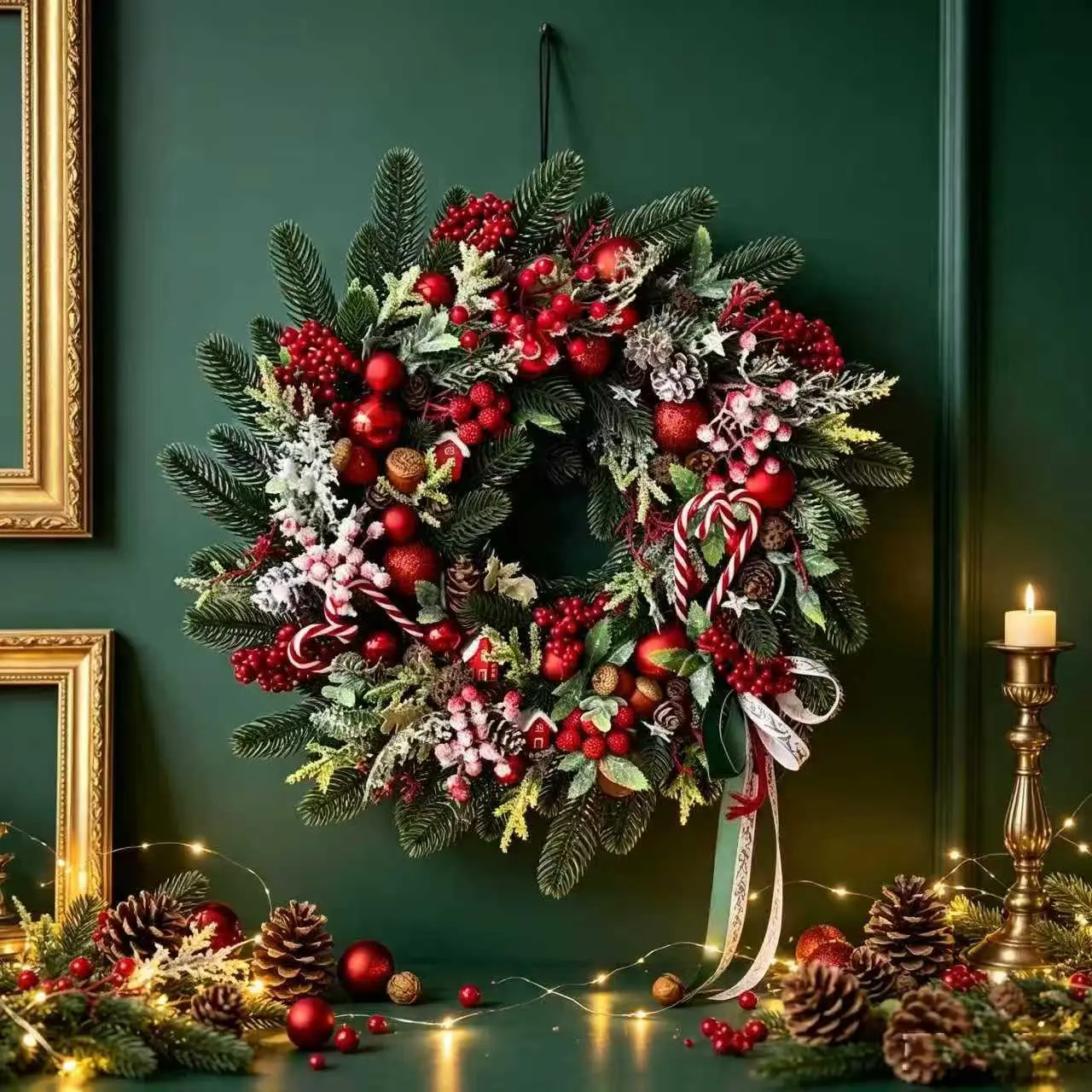 Traditional Christmas Front Door Wreath, Artificial Pine Branch Wreath, Glossy Balls, Candy Cane, Berries, Vintage Holiday Home Decor, Decorative Ornaments