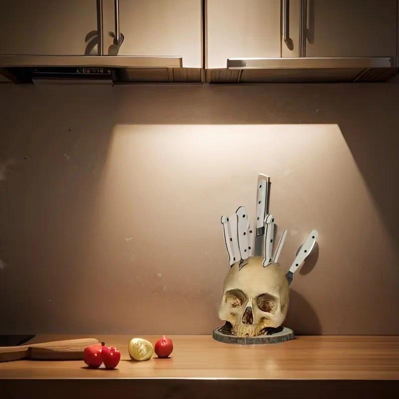 Skull Knife Holder for Kitchen Organizer Skeleton Knife Stand, Scary Party Camping Kitchen Accessories Storage Halloween Decor