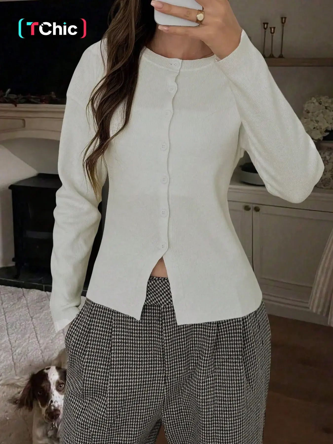 Cream White Round Neck Basic Single Breasted Knit Cardigan Women Long Sleeve Fitted Split Hem Slim Waist Knit Top Match Gray Linen Wide Leg Pants Two Piece Casual Daily Office Outfit Minimalist Neutral Color Ladies Matching Set Clothes