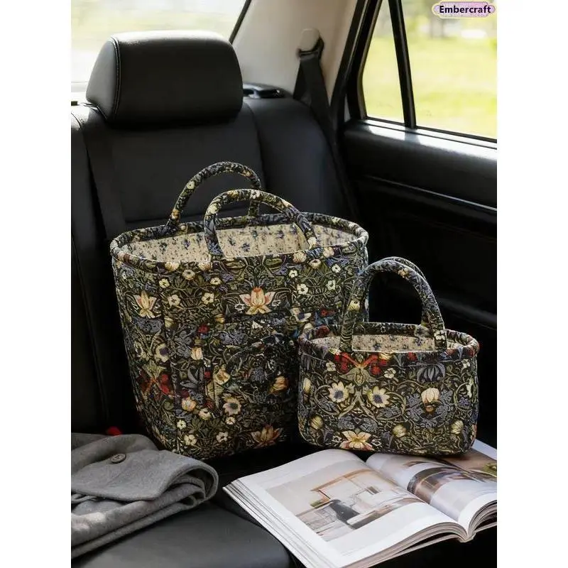 PVC Waterproof Floral Quilted Storage Basket - Rose Print Fabric Tote with Handles, Year-Round Organizer for Toys/Books, Camping & Hiking Picnicware