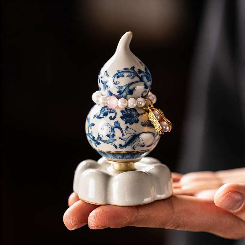 Chinese Style Blue and White Porcelain Fengshui Ornament Ru Kiln Ceramic Decoration for Home Office Desk Birthday Festival Gift Multiple Scenes Decor