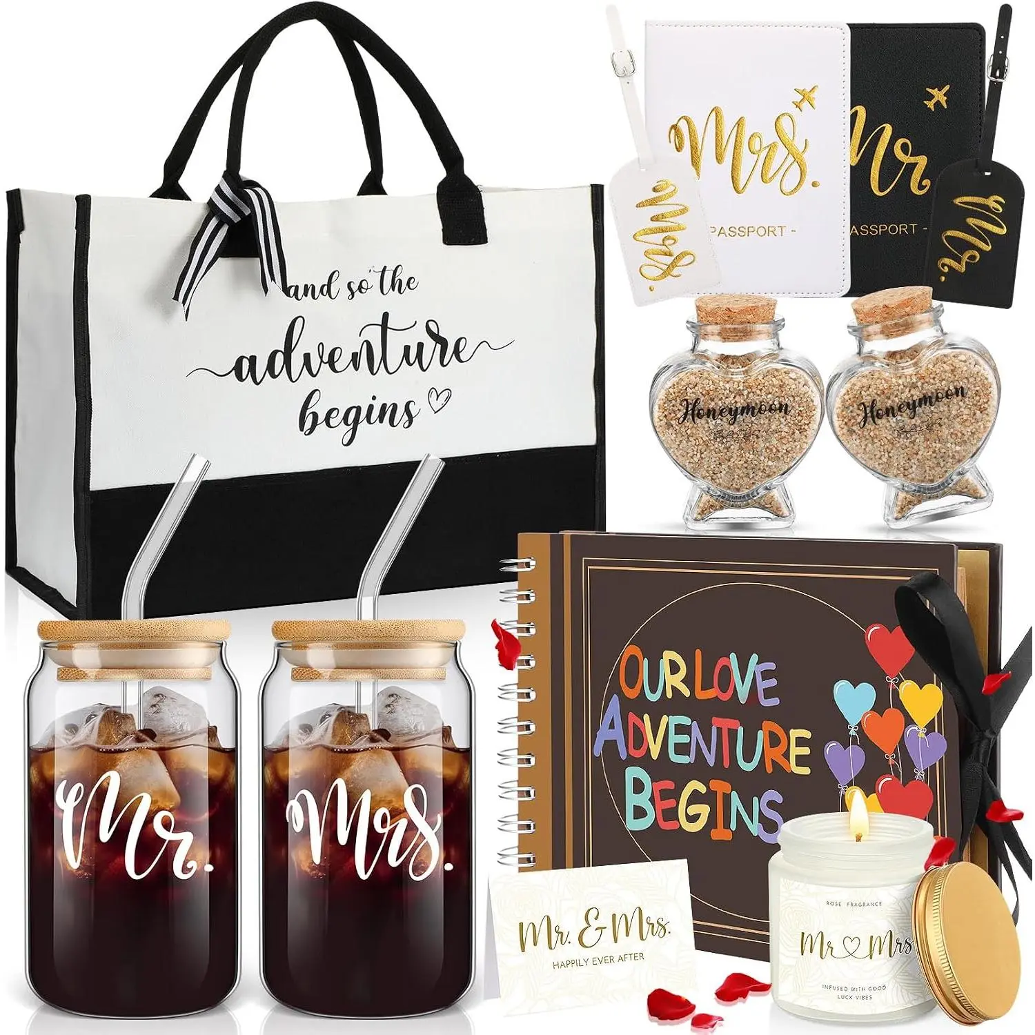 12-Piece Mr & Mrs Wedding Gift Set, Bridal Shower Gift for Couples with Glass Adventure Book, Scrapbook, Passport Holder, Baggage Tags, Jar & Tote Bag