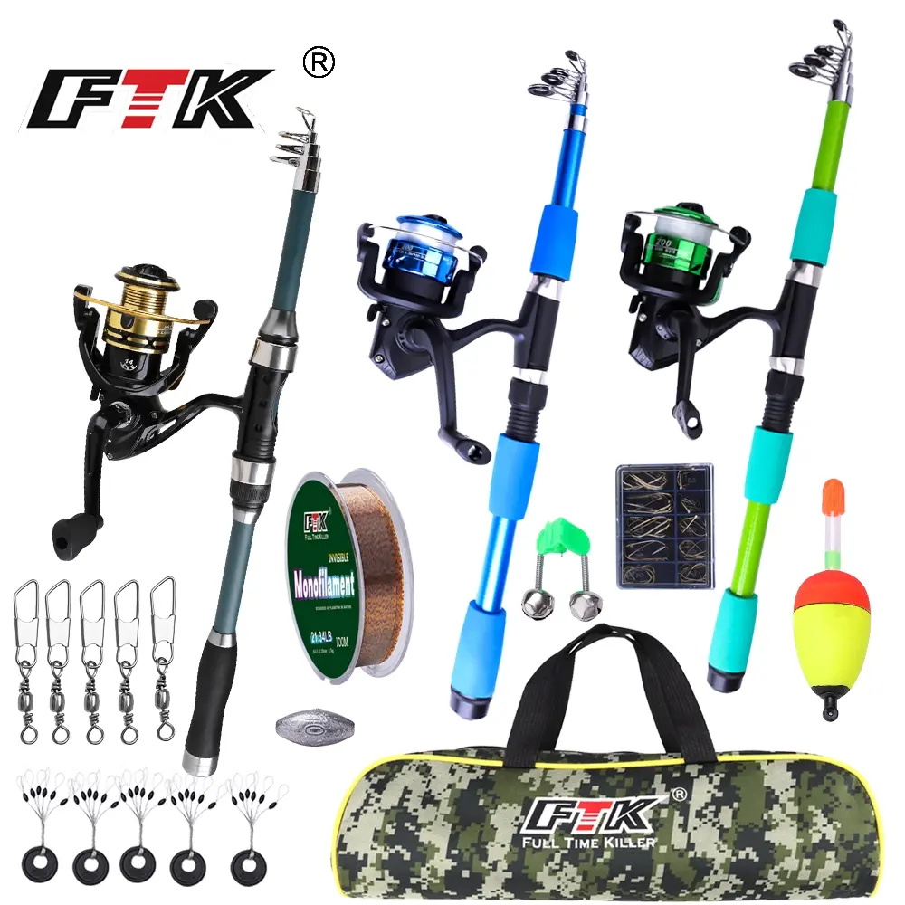 FTK 3PCS Spinning Fishing Set: 1.8-Meter Telescopic Spinning Rod, Portable Beginner Set with Bag, Fishing Tackle and Spotted Line Combo Set