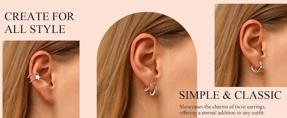 FUNRUN 2Pairs 925 Sterling Silver Twist Wrap Spiral Earrings for Women Double Hoop Climber Cuff Earrings Hypoallergenic CZ Cartilage Piercing Earrings