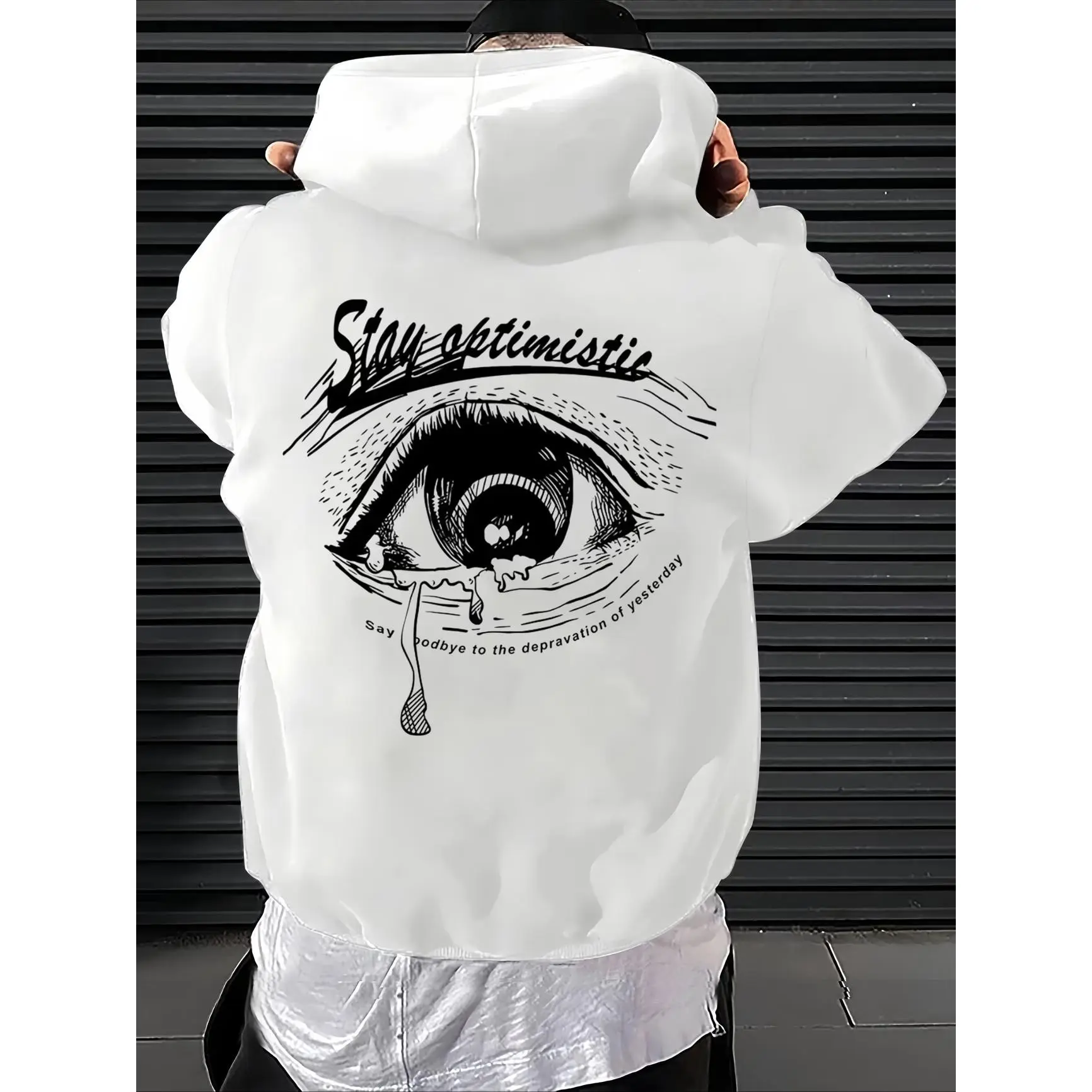 Stay Optimistic Crying Eye Sketch Graphic Oversized Cotton Hoodie,Grunge Art Sketch Printed Craft Hoodie,Comfort Long Sleeve Fashion Outfit For Men Women,Great Valentine’s Day Gift For Him Her,Ideal Holiday Present For Family Friends