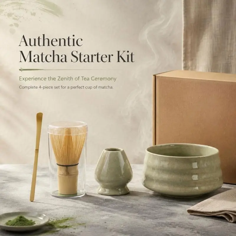 Authentic Matcha Starter Kit - Complete 4-Piece Tea Ceremony Set with Whisk, Bowl, Scoop & Holder for Perfect Ceremonial Grade Matcha Tea Making Tools