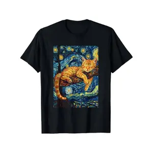 Cat Lover's Dream: 100% Cotton T-Shirt with Van Gogh-Inspired Starry Night Cat Print