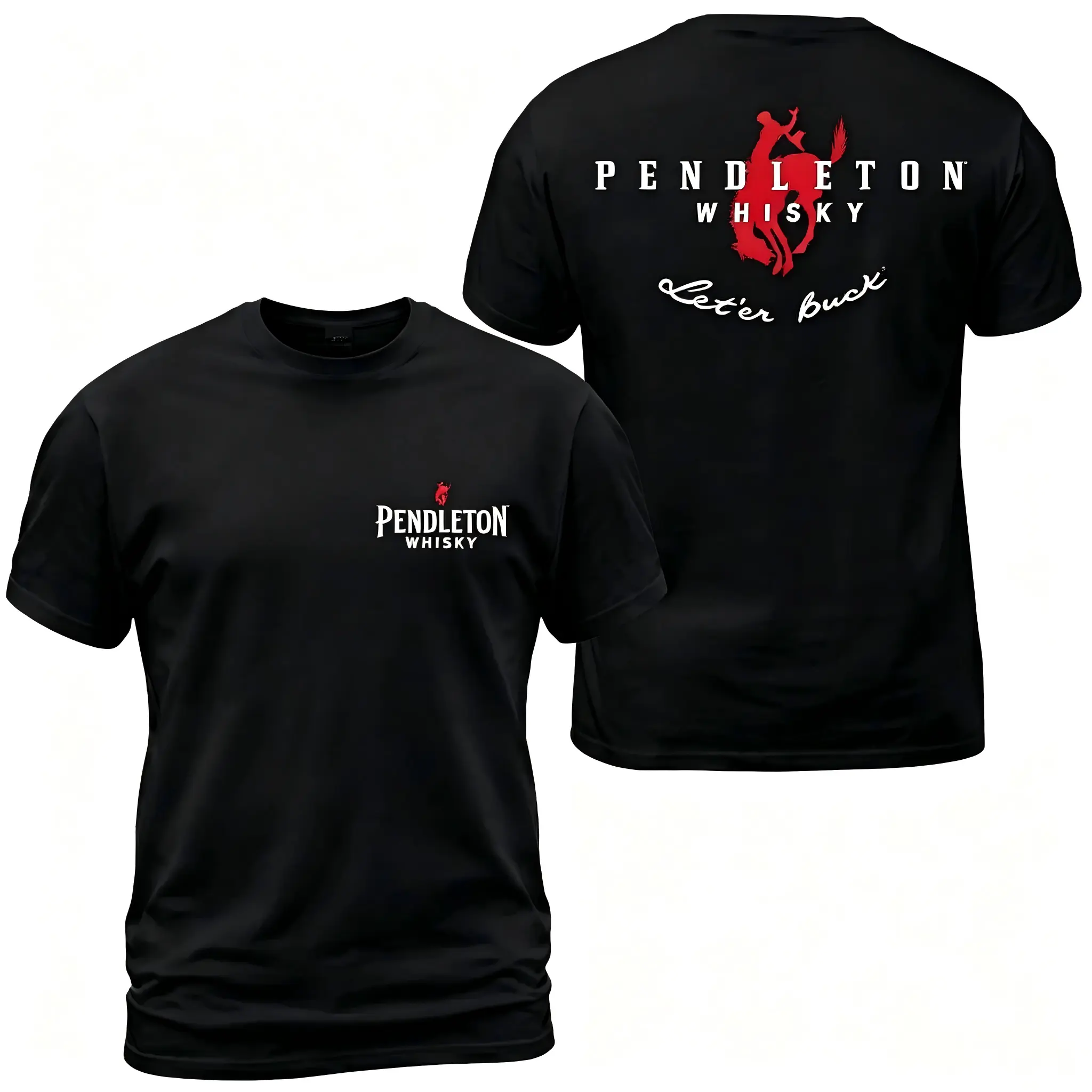 Pendleton Whisky Let’er Buck Rodeo T-Shirt, Western Bull Rider Graphic Tee With Back Print, Front Chest Pendleton Logo Shirt, Cowboy Rodeo Lifestyle Apparel for Men and Women