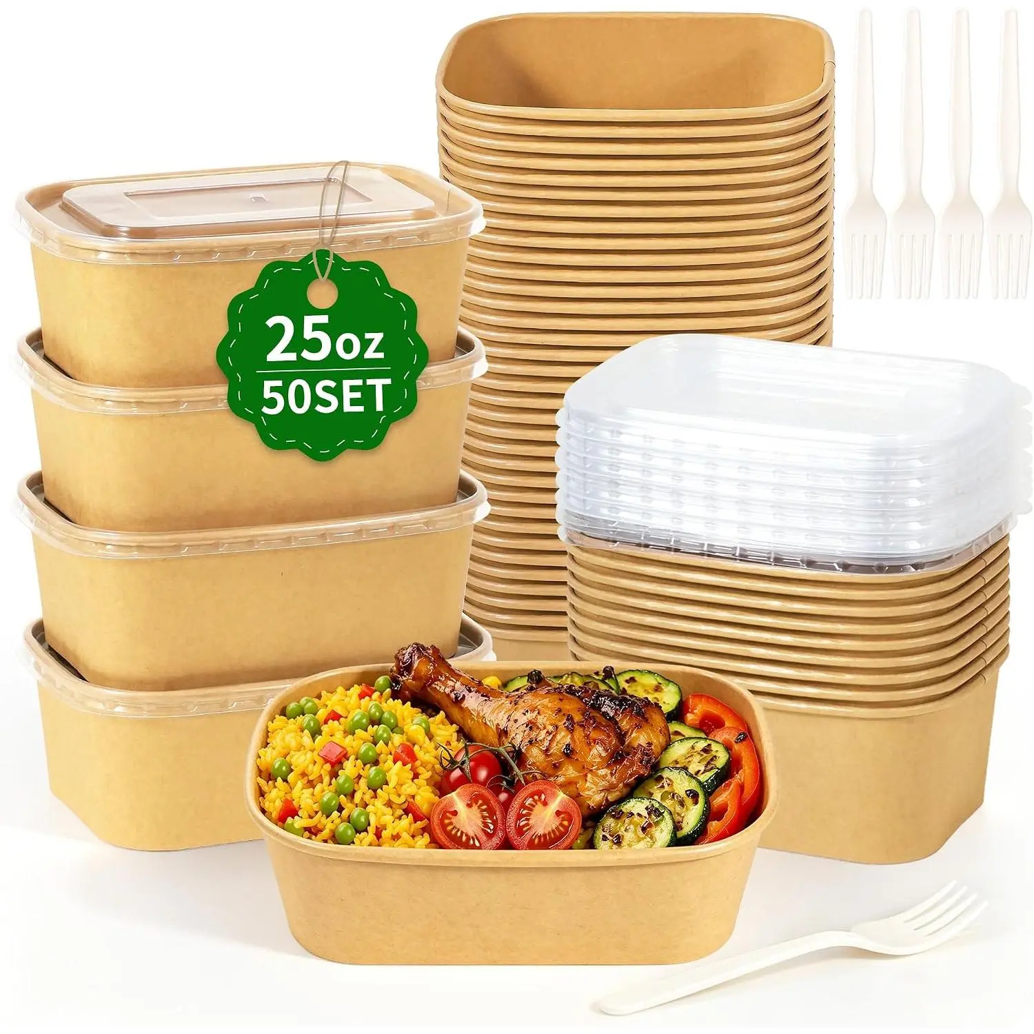 50-Pack 25 oz Disposable Meal Prep Containers with  and Forks, Compostable  Paper Bowls To Go, Microwave & Freezer Safe  Containers for Hot Soup, Cold Dessert, Takeout