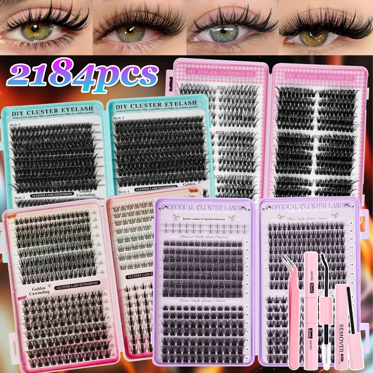 Eyelash Extension Kit with Glue, Tweezers, Remover, D Curl Mixed 8-16mm, Home Use, Beginner Friendly, Beauty Lash Tools