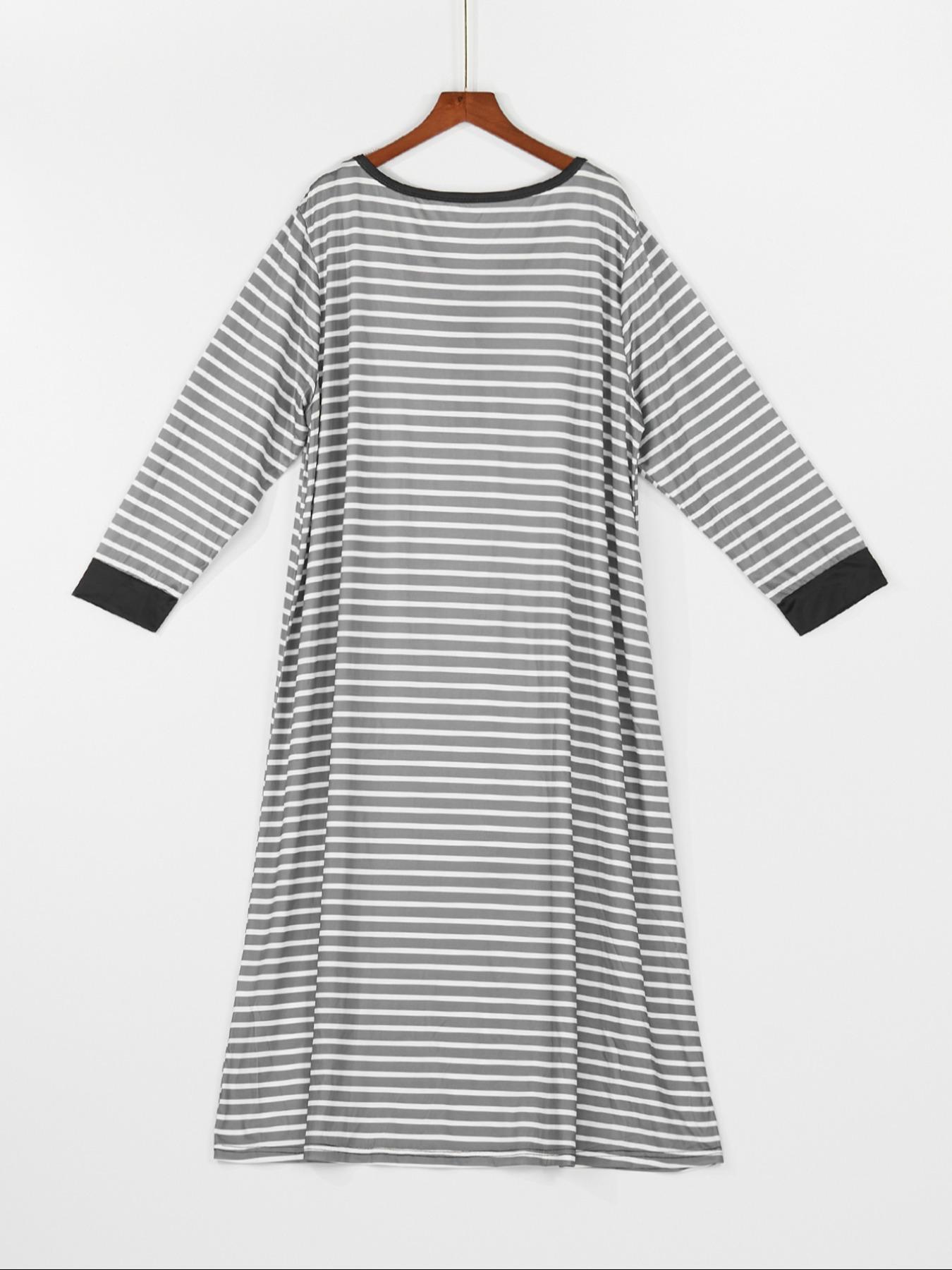 Plus Size Striped Print Contrast Binding Nightdress, Casual Button Front  Notched Neck Sleep Dress for Women, Women's Sleepwear for Spring & Fall