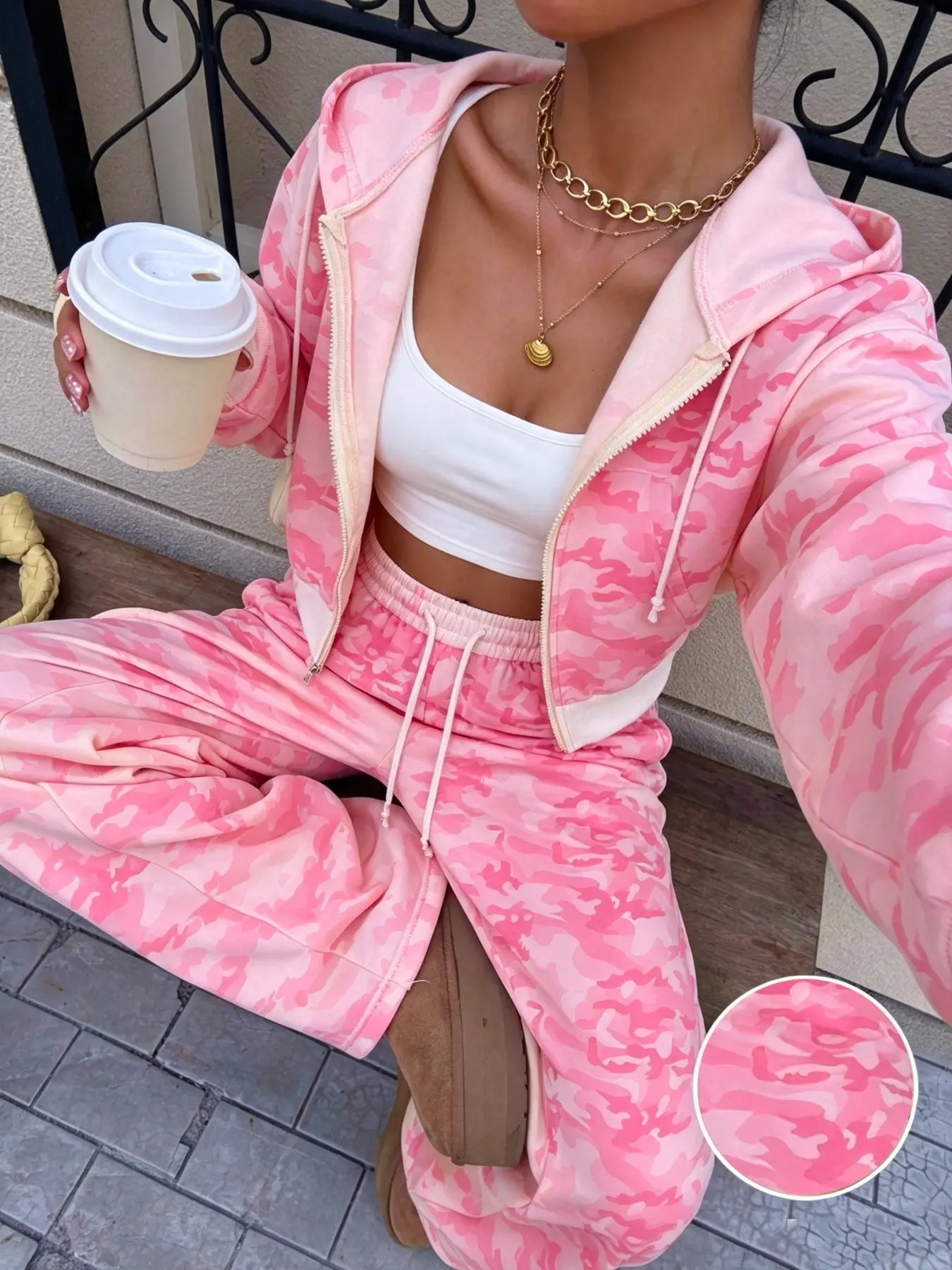 Women Pink Camo Two Piece Matching Outfit Zip Up Cropped Hoodie High Waist Baggy Wide Leg Sweatpants Y2K Aesthetic Gen Z Trendy Streetwear Hip Hop Retro Daily Loungewear Jogging Workout Going Out Lounge Tracksuit Cute Loose Fit Teen Girls Everyday Outdoor
