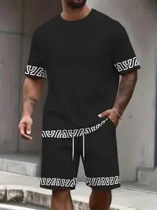 Men's Casual Summer 3D Print Short Sleeve Tee Set, Base with Zigzag Pattern, Breathable Fabric, Ideal for Daily Wear & Festivals