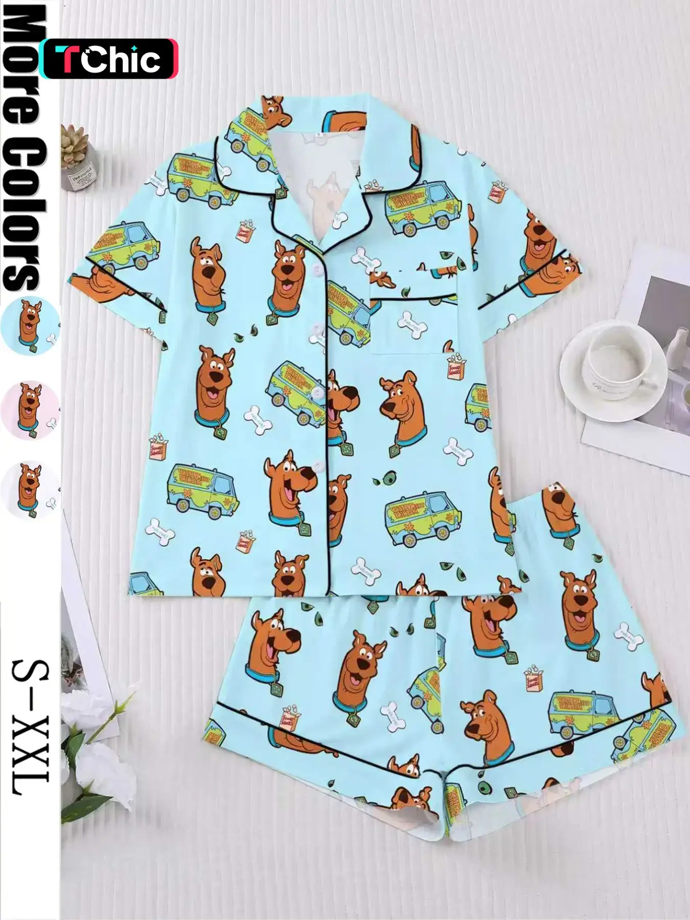 Women's Cartoon Pajama Set, Loungewear, Pyjamas, Pjs, Short Sleeve Button Front Top & Elastic Shorts, Elegant Fitted Sleepwear, Comfortable Homewear, Cartoon Pattern Pajamas