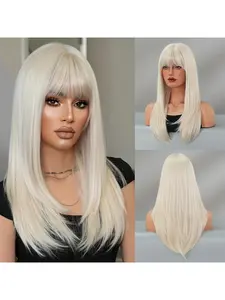 22 Inch Full Head Wig, Straight Synthetic Fiber, Rose Net, Silver Color Hair, Voluminous Bangs, All Seasons Wear