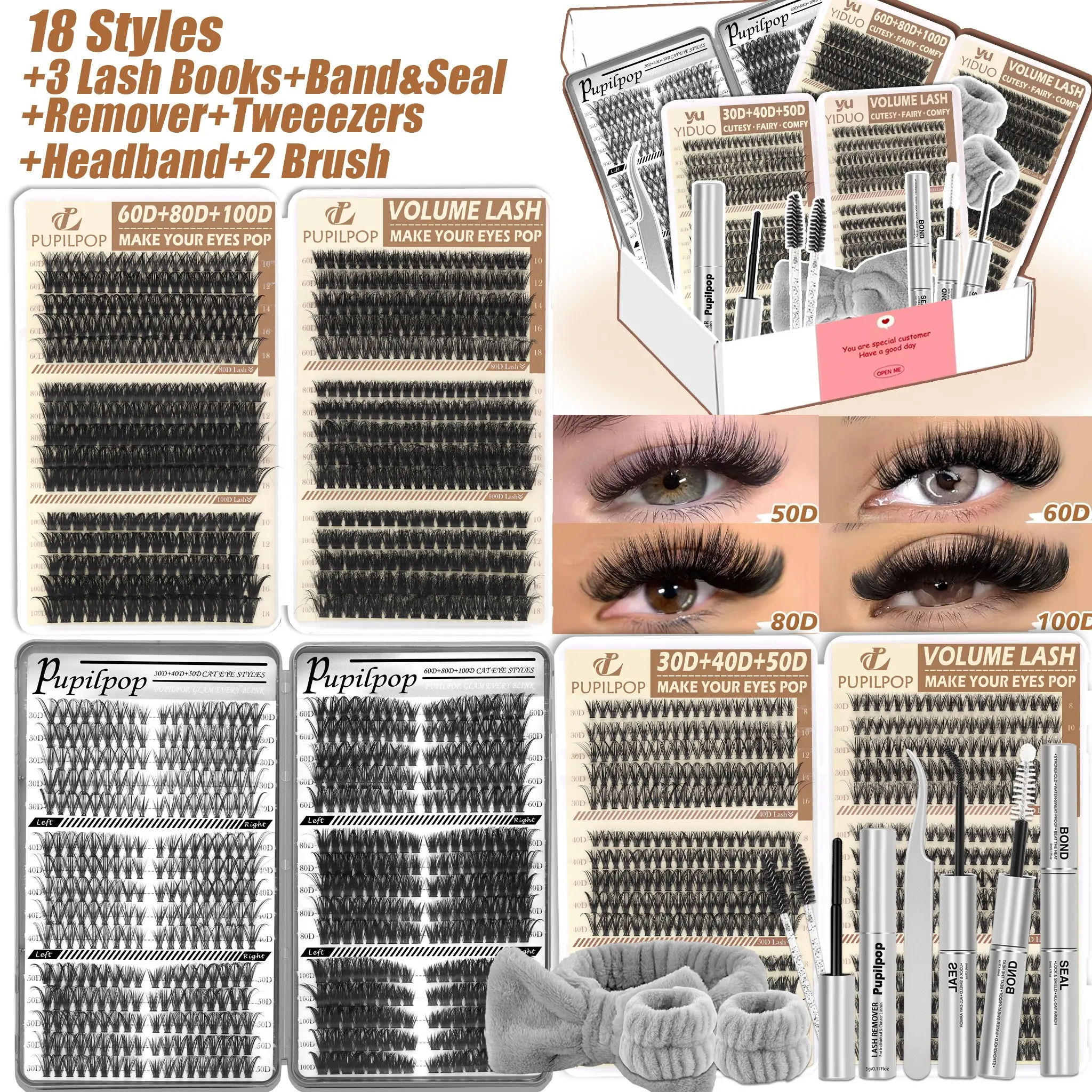 Pupilpop Mixing Various Styles Lash Clusters Kit with 3D Effect,30D-100D D Curly Cat Eye Wispy Lashes, Bond & Seal, Remover, Tweezers, Brushes, Headband & Wristbands in Gift Box, Beginner-Friendly Makeup