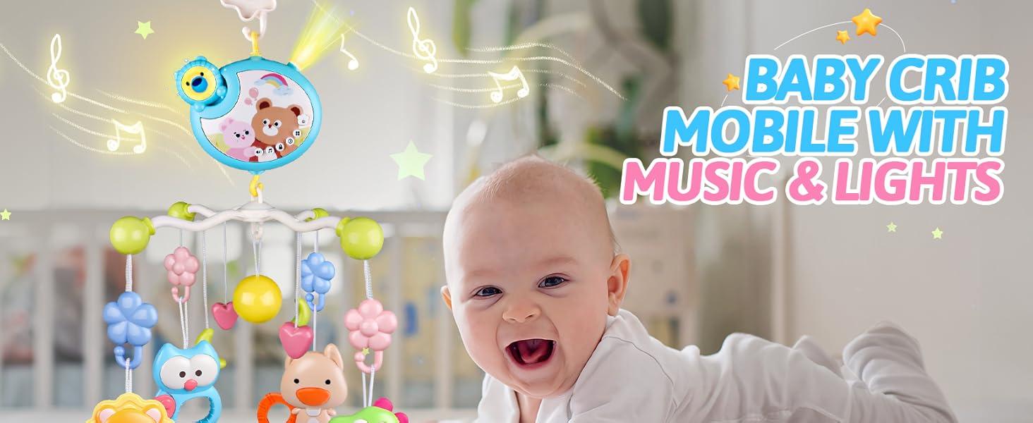 Crib Mobile with Music and Lights, Baby Mobiles for Cribs, Nursery Musical Mobile for Bassinets Toys Hanging Girls Boys, Pack and Play Space Portable Animal Mobile Hanger Arm Clip On Attachment