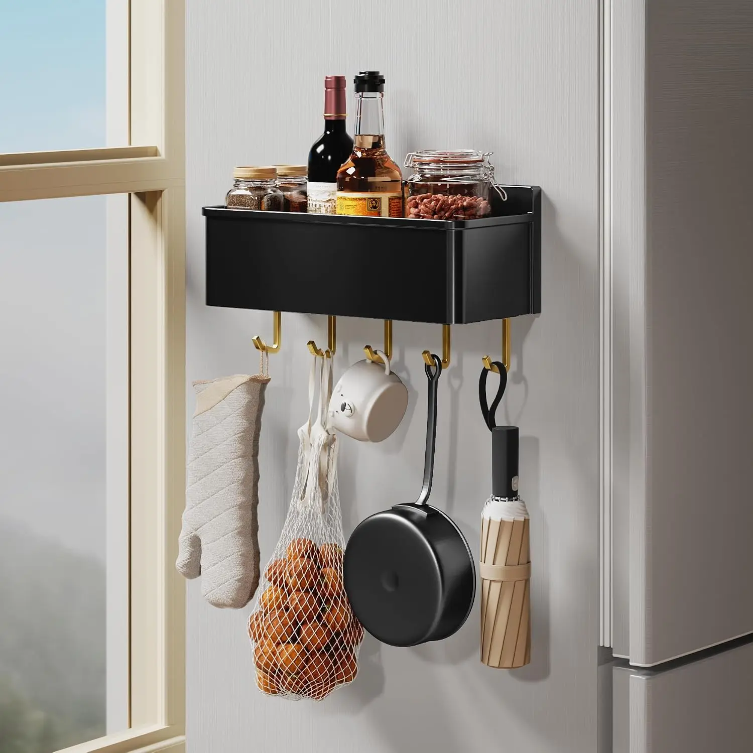 Rack for Refrigerator Large  Shelf for Fridge Kitchen Organizer and Storage with 5 Removable Golden Hooks