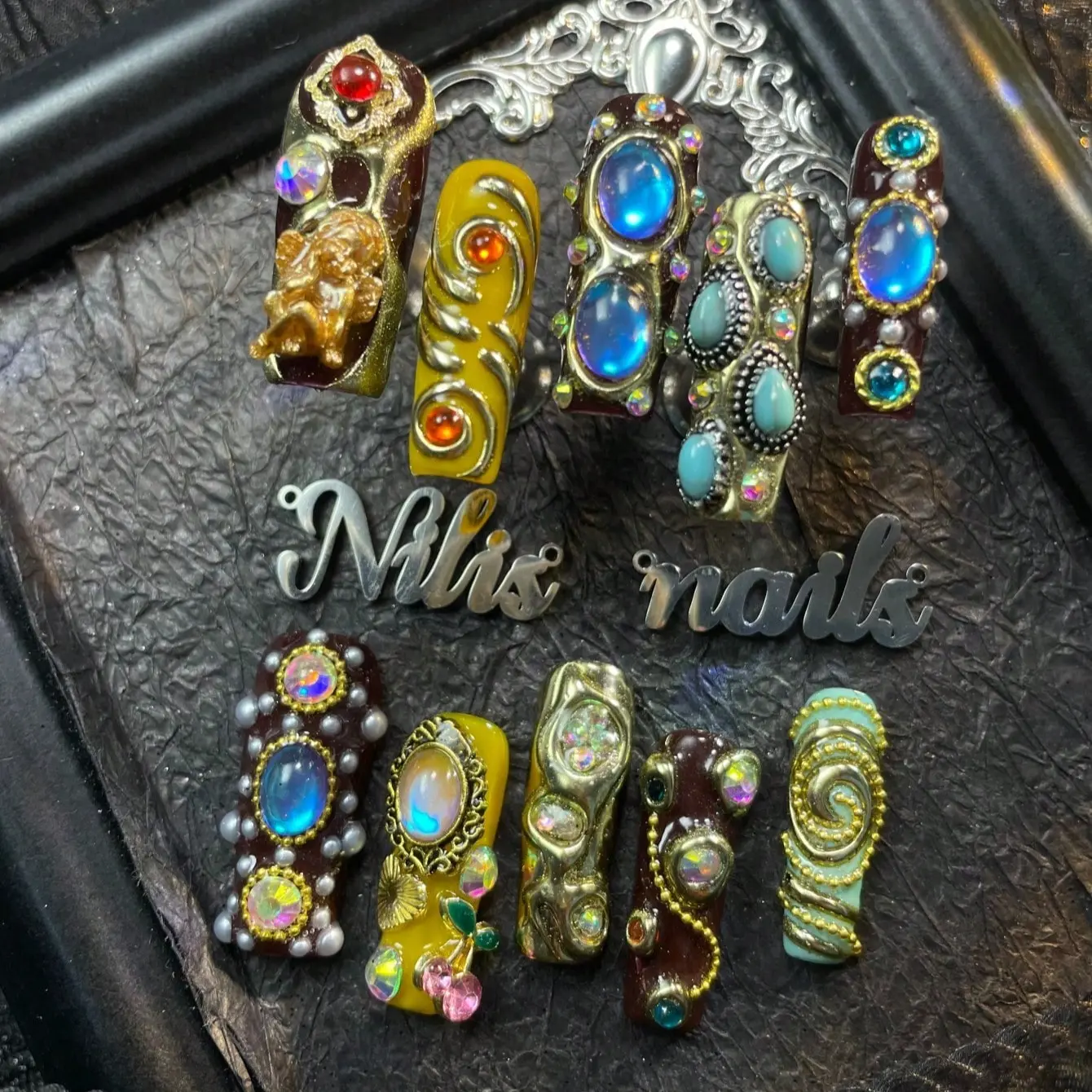 10Pcs Retro Baroque 3D Angel Sculpture Swirl Metal Line Multicolor Oval Gem Pearl Long Square Press On Nails, Handmade Glossy False Nails, For Banquet Party Music Festival Holiday Dinner, Vintage Luxury Bohemian Western Aesthetic Trendy Nail Art For Women