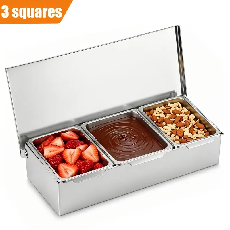 Stainless Steel Chilled Condiment Station – Features 3/4/5/6 removable top compartment containers with lids and a bottom ice tray; space-saving, easy to clean, and ideal for picnics, restaurants, buffets, and home kitchens.