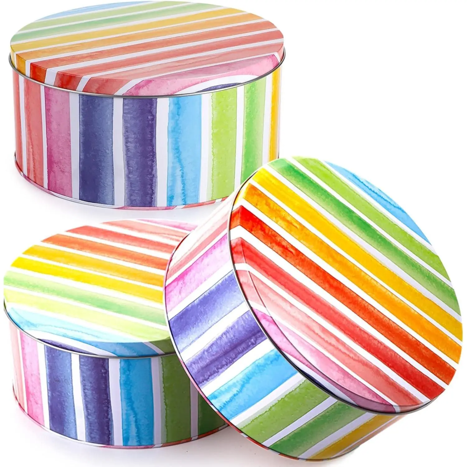 3 Pack Round Metal Cookie Tins with Rainbow Pattern, 7" W x 3.2" H - Gift for Storing Patisseries, Puff Pastries, Craft Supplies, Easter, Special Occasions and HolidaysGift