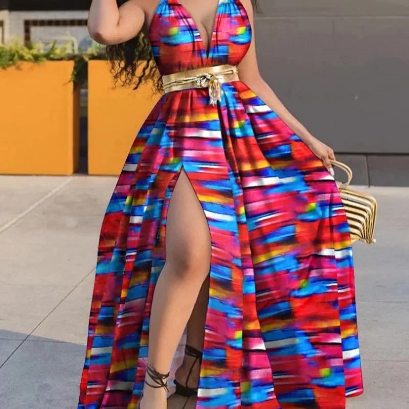 Summer Dress Printed Waist-Controlled Mid Waist Temperament Long Dress Sexy Slit Large Swing Dress with Belt Casual Fit Asymmetrical Womenswear Sleeveless Comfort Elegance Feminine Floral Twist Vneck Formal White