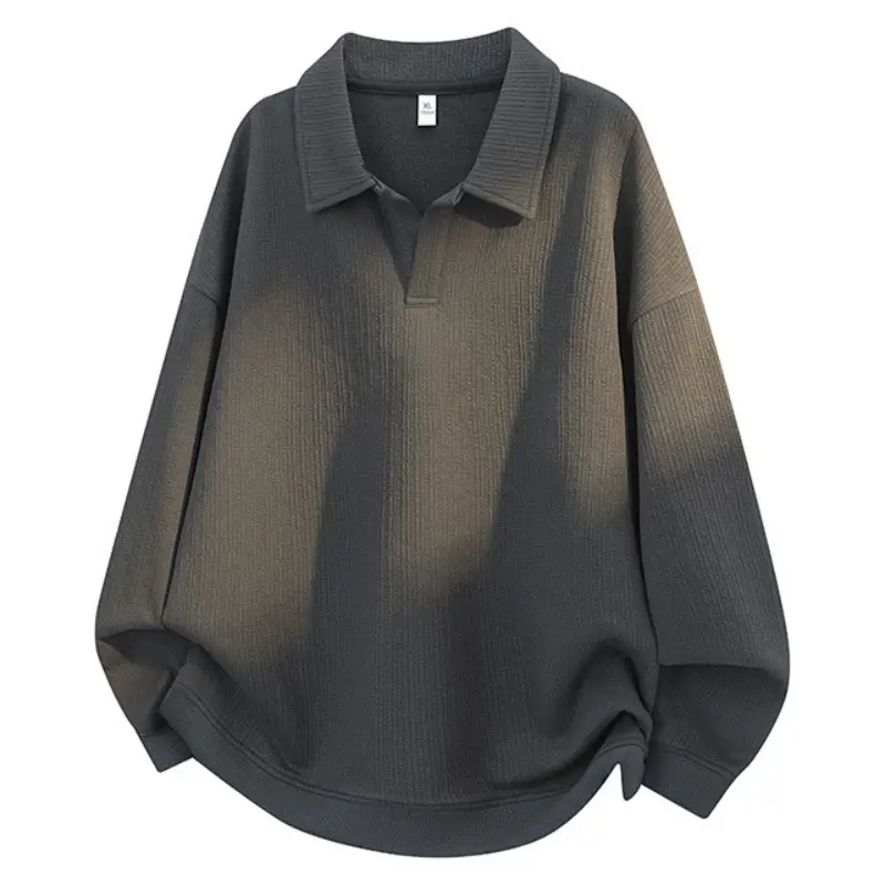 Men Textured Wrinkled Polo Collar Long Sleeve Sweatshirt, V‑Notch Neck Design, Oversized Loose Fit, Fashion Casual Pullover Top For Daily Street Outfits # sohochic