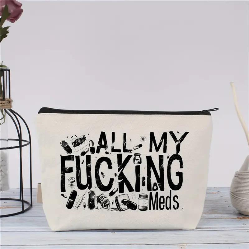 All My Meds Letter Pattern Canvas Makeup Bag, 1/6/16pcs Reusable Zipper Makeup Organizer, Travel and Makeup Pill Storage Bag, Travel Cosmetic Bags, Perfect Gifts for Women