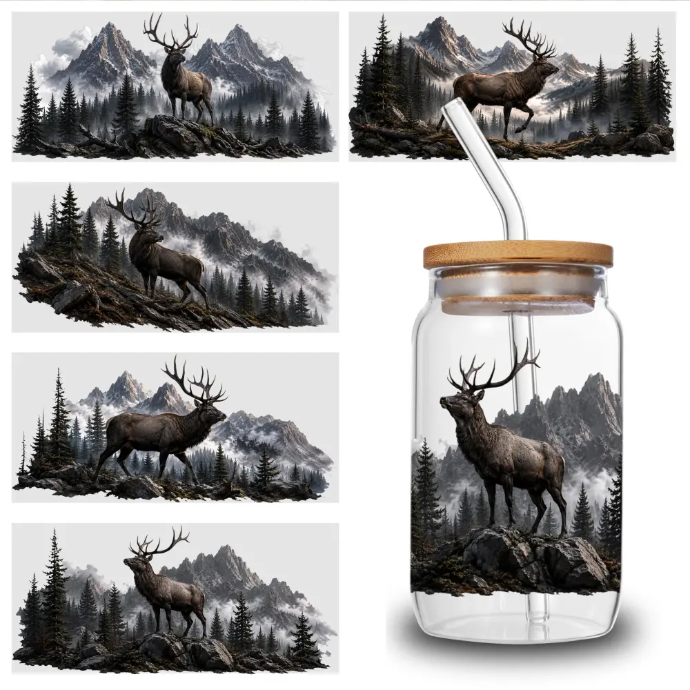 5 Pcs Majestic Elk UV DTF Self-Adhesive Stickers, 9.4x4.3inch Bright 3D Effect Vinyl Transfer Paper, 16oz Glass Jar Decals for Cups & Bottles, Decorative Household Items Packaging Supplies