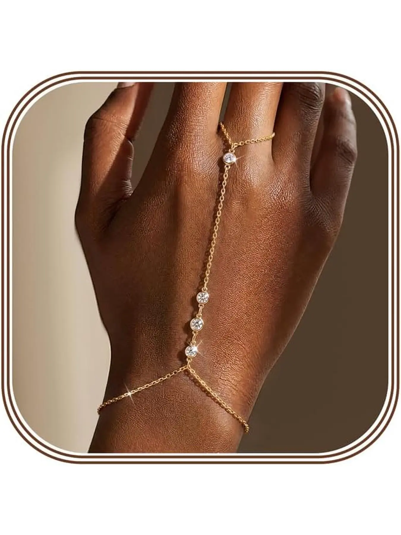 1pc Golden CZ Bracelet for Women, Charm Ring Bracelet Hand Chain Non Tarnish, Waterproof, Hypoallergenic, Adjustable Finger Ring Bracelet, Daily Wear, Beach and Vacation Jewelry, Ring Handchain Jewelry