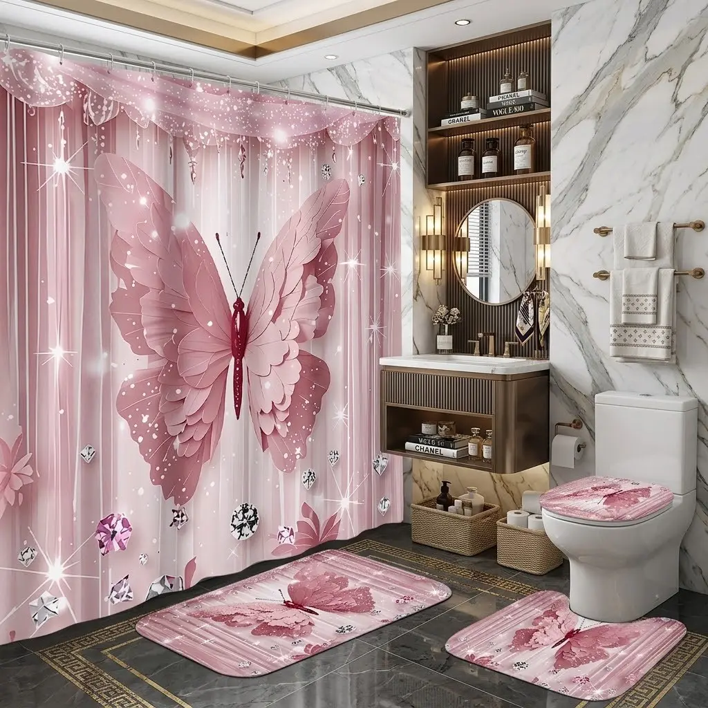 4pcs Soft Pink Stripe Large Paper Butterfly Rhinestone Sparkle Shower Curtain Set, Bathroom Shower Curtain Sets, Shiny Diamond Glitter Floral Print Bath Mat Toilet Lid Cover Combo, thicker and softer floor mat, Bathroom Decor Set