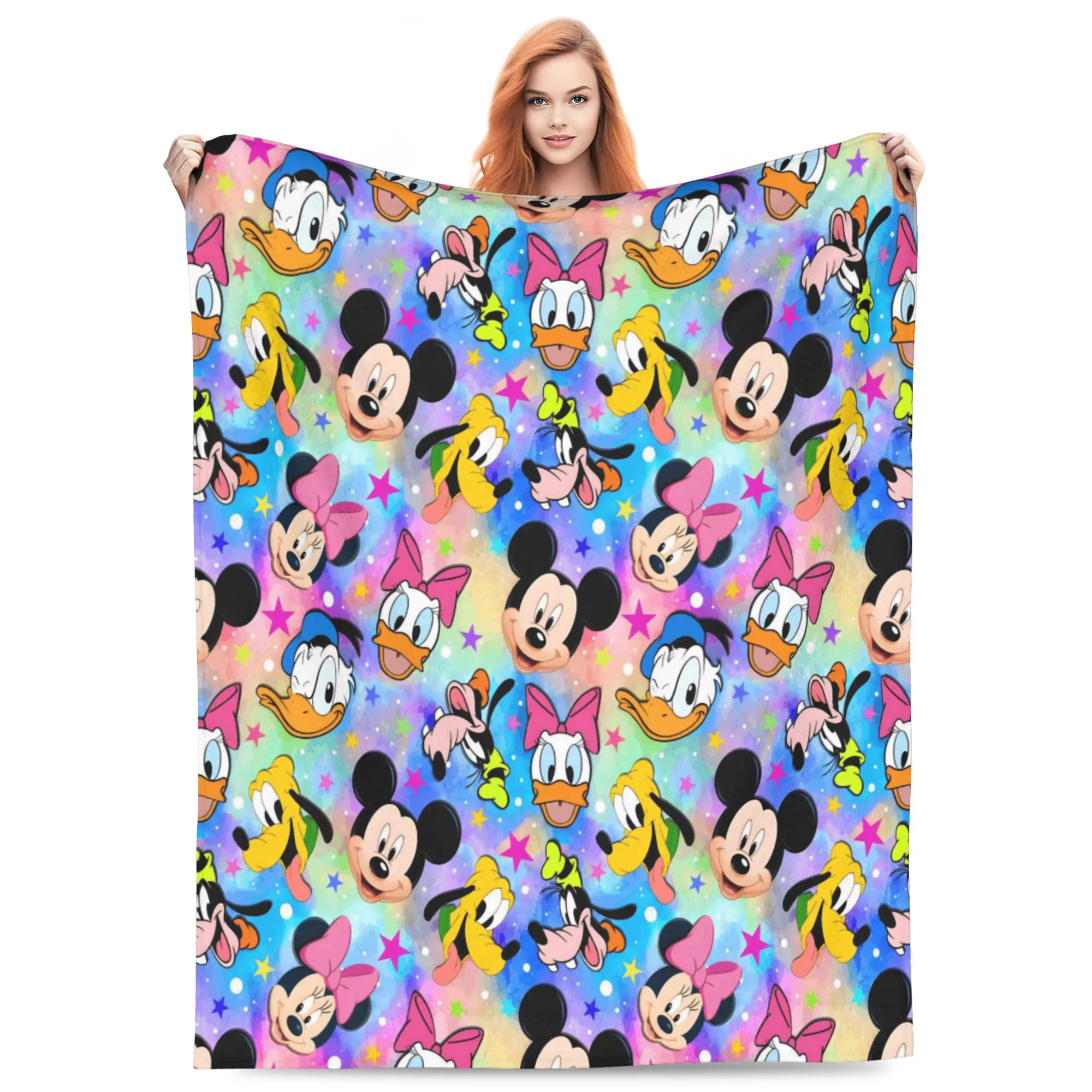 DISNEY CLASSIC Mickey Minnie Donald Daisy Goofy Pluto Throw Blanket, Colorful Rainbow Tie Dye Star Print Cartoon Flannel Fleece Blanket, Soft Lightweight Cozy Blanket for Sofa Bed Bedroom, Cartoon Fan Gift for Kids Girls Women