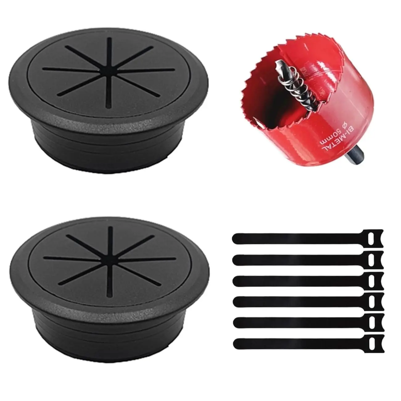 2-Pack 2in (50mm) Black Cord Covers Desk Cable Hole Grommet, Office/Home Desk Organization Accessory with 1 Hole Saw Drill Attachment & 6 Cable Ties