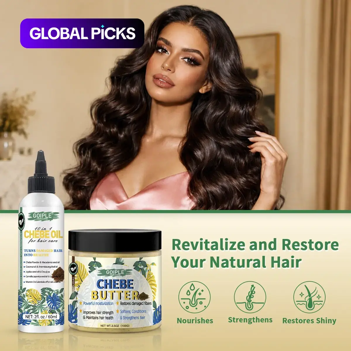 Goiple chebe care kit, butter, oil, powder, comb, for diy use, Chebe Oil & Chebe Butter Hair Treatment Kit, Natural Chebe Powder Infused, DeepMoisturizing, Hydrating, Strengthen Hair, Hair Care Duo for Men Women, Maintains Hair Health, Haircare Product