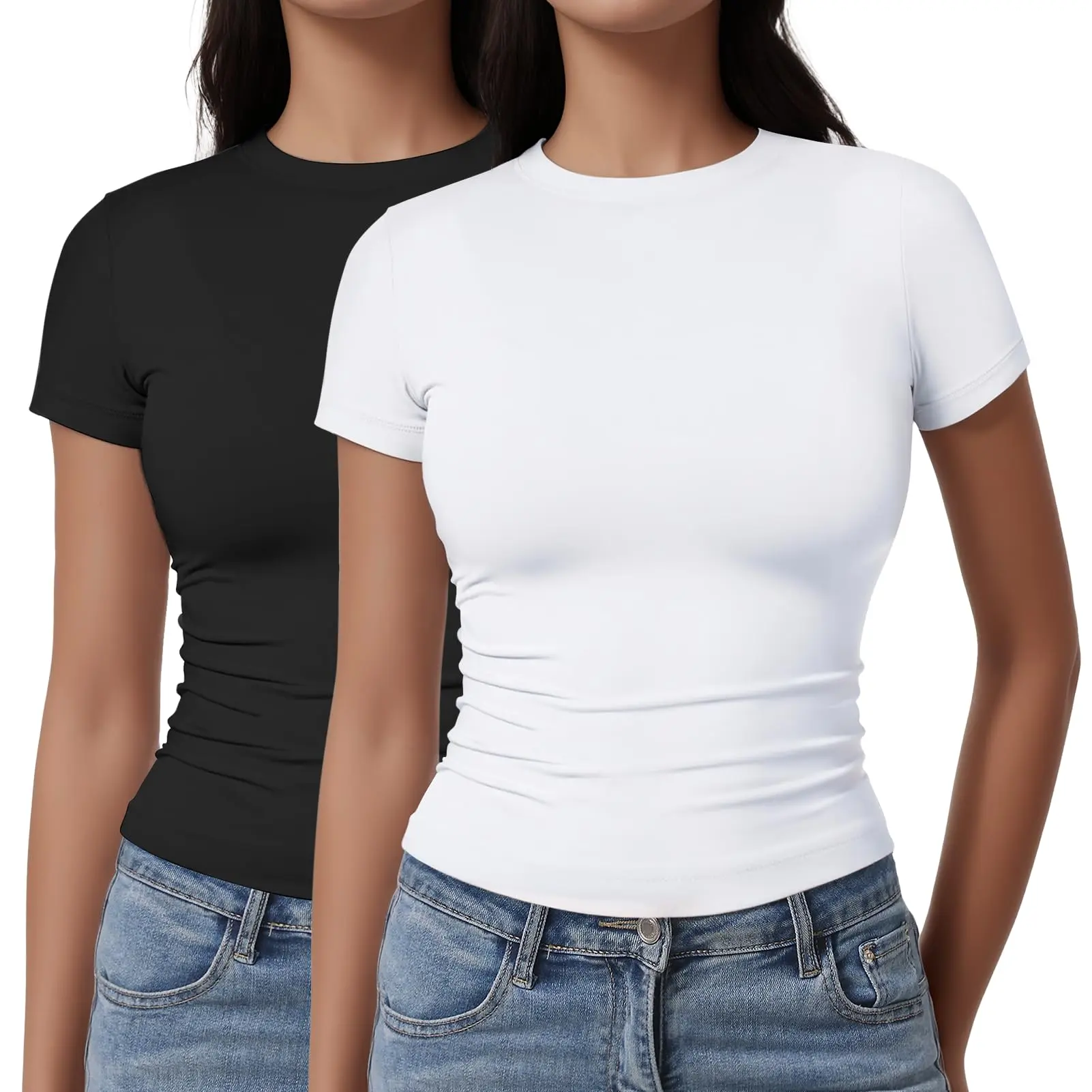 Women's Crew Neck Slim Fit Short Sleeve Tee 2-Pack | Stretchy Cotton Blend | Basic Everyday Top